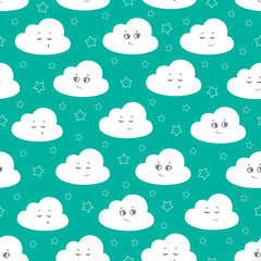 Children seamless pattern with cute clouds, stars on a turquoise background. vector illustration baby seamless pattern