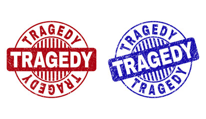 Grunge TRAGEDY round stamp seals isolated on a white background. Round seals with grunge texture in red and blue colors. Vector rubber imitation of TRAGEDY label inside circle form with stripes.