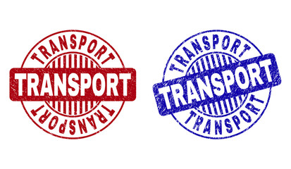 Grunge TRANSPORT round stamp seals isolated on a white background. Round seals with grunge texture in red and blue colors. Vector rubber watermark of TRANSPORT label inside circle form with stripes.