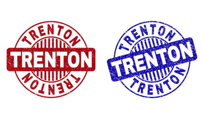 Grunge TRENTON round stamp seals isolated on a white background. Round seals with distress texture in red and blue colors. Vector rubber imprint of TRENTON text inside circle form with stripes.