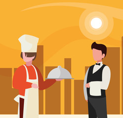 couple of professional workers in cityscape at sunset