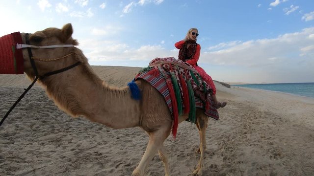Happy woman sitting on a camel on sand dunes of beach at Khor al Udaid in Persian Gulf, southern Qatar. Caucasian tourist enjoys camel ride at sunset, a popular tour in Middle East, Arabian Peninsula