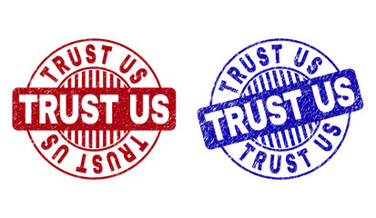 Grunge TRUST US round stamp seals isolated on a white background. Round seals with grunge texture in red and blue colors. Vector rubber overlay of TRUST US title inside circle form with stripes.