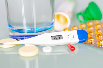 Different medicines: tablets, pills in blister pack, medications drugs, macro, selective focus, copy space