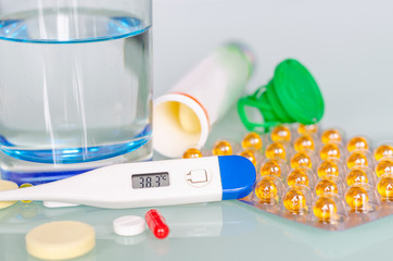 Different medicines: tablets, pills in blister pack, medications drugs, macro, selective focus, copy space