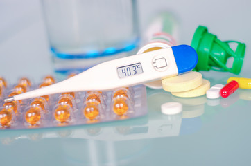 Different medicines: tablets, pills in blister pack, medications drugs, macro, selective focus, copy space
