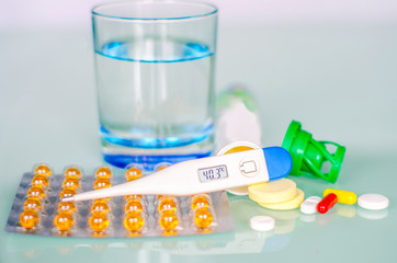 Different medicines: tablets, pills in blister pack, medications drugs, macro, selective focus, copy space