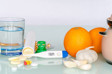 Different medicines: tablets, pills in blister pack, medications drugs, macro, selective focus, copy space