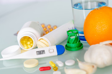 Different medicines: tablets, pills in blister pack, medications drugs, macro, selective focus, copy space