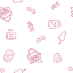 Sweet seamless pattern. Pink candy wallpaper. Set of sweets