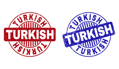 Grunge TURKISH round stamp seals isolated on a white background. Round seals with grunge texture in red and blue colors. Vector rubber watermark of TURKISH tag inside circle form with stripes.