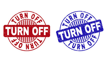 Grunge TURN OFF round stamp seals isolated on a white background. Round seals with grunge texture in red and blue colors. Vector rubber overlay of TURN OFF title inside circle form with stripes.