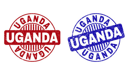 Grunge UGANDA round stamp seals isolated on a white background. Round seals with distress texture in red and blue colors. Vector rubber watermark of UGANDA tag inside circle form with stripes.