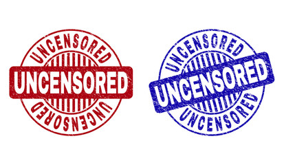 Grunge UNCENSORED round stamp seals isolated on a white background. Round seals with grunge texture in red and blue colors. Vector rubber imprint of UNCENSORED title inside circle form with stripes.
