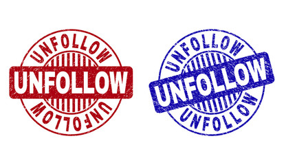 Grunge UNFOLLOW round stamp seals isolated on a white background. Round seals with grunge texture in red and blue colors. Vector rubber imprint of UNFOLLOW text inside circle form with stripes.