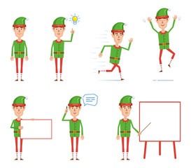 Set of Christmas elf characters posing in different situations. Cheerful elf pointing up, running, jumping, talking on phone, holding banner, pointing to whiteboard. Flat vector illustration