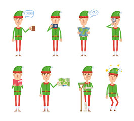 Set of Christmas elf characters posing in different situations. Cheerful elf holding mug of beer, photo camera, map, magnifier, reading a book, injured, dizzy, thinking. Flat vector illustration