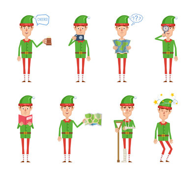 Set of Christmas elf characters posing in different situations. Cheerful elf holding mug of beer, photo camera, map, magnifier, reading a book, injured, dizzy, thinking. Flat vector illustration