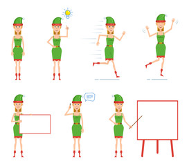 Set of female Christmas elf characters posing in different situations. Cheerful elf pointing up, running, jumping, holding banner, talking on phone, pointing to whiteboard. Flat vector illustration