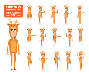 Man wearing reindeer Christmas costume showing different hand gestures. Cheerful man in reindeer costume showing thumb up, pointing up, greeting and other hand gestures. Flat vector illustration