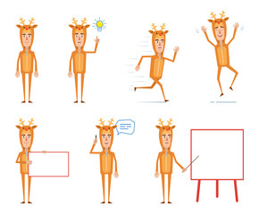 Man wearing reindeer Christmas costume posing in different situations. Reindeer man pointing up, running, jumping, talking on phone, holding banner. Flat style vector illustration