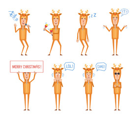 Man wearing reindeer Christmas costume posing in different situations. Reindeer man karaoke singing, dancing, sleeping, thinking, laughing, surprised, holding banner. Flat vector illustration