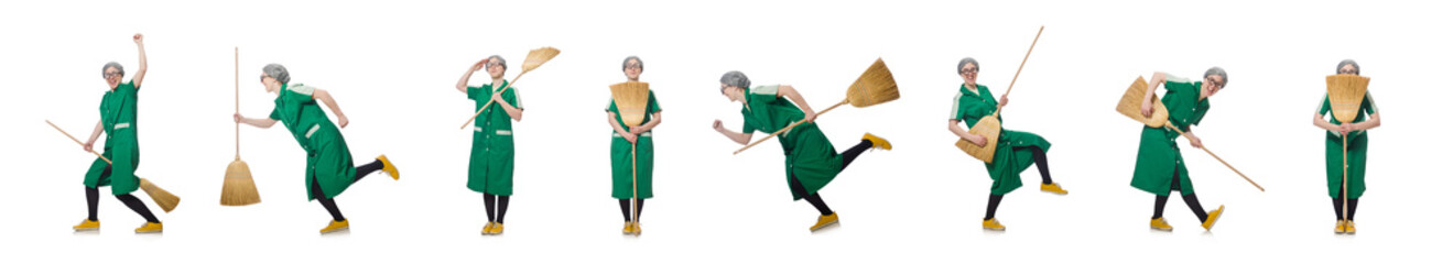 Woman with sweeping brush isolated on white