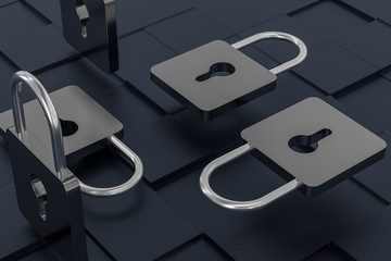 3d rendering, metal lock with digital concept background