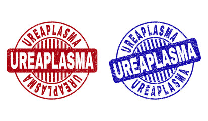 Grunge UREAPLASMA round stamp seals isolated on a white background. Round seals with grunge texture in red and blue colors. Vector rubber imitation of UREAPLASMA text inside circle form with stripes.