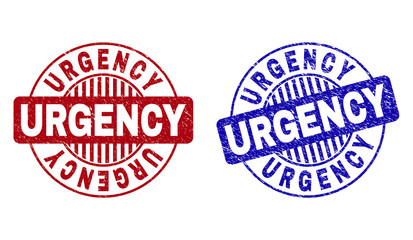 Grunge URGENCY round stamp seals isolated on a white background. Round seals with distress texture in red and blue colors. Vector rubber watermark of URGENCY tag inside circle form with stripes.