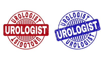 Grunge UROLOGIST round stamp seals isolated on a white background. Round seals with grunge texture in red and blue colors. Vector rubber overlay of UROLOGIST tag inside circle form with stripes.