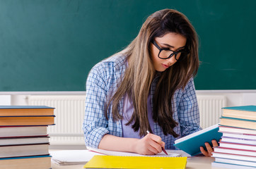 Female student in front of chalkboard 