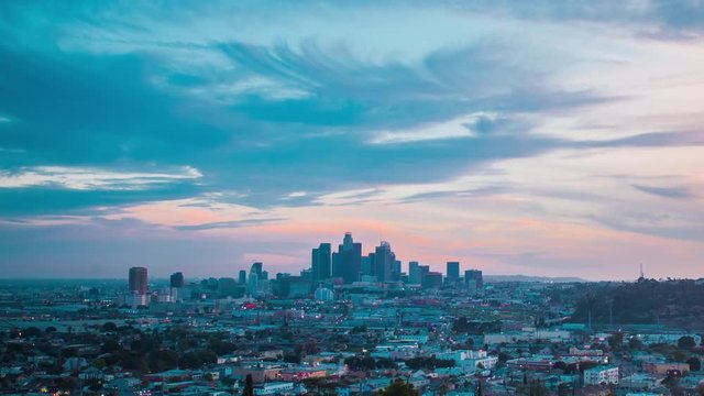 4K Stunning Cinematic Time-Lapse of the absolutely spectacular red bloody sunset over Los Angeles Downtown skyline