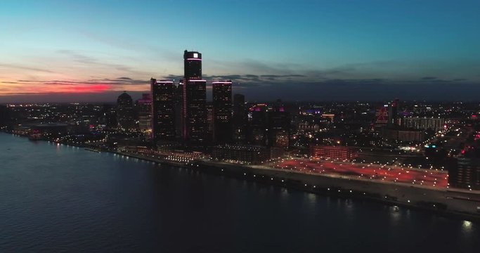 Detroit Skyline Michigan at sunset aerial