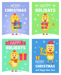 Set of different Christmas posters. Christmas greeting card, placard. Cheerful chicken holding gift box, present, jingle bells. Flat style vector illustration