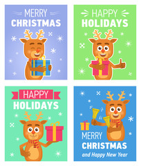 Set of different Christmas posters. Christmas greeting card, placard. Cheerful cartoon reindeer holding gift box, present, jingle bells. Flat style vector illustration