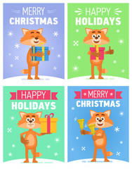 Naklejka premium Set of different Christmas posters. Christmas greeting card, placard. Cheerful cartoon fox holding gift box, present, jingle bells. Flat style vector illustration