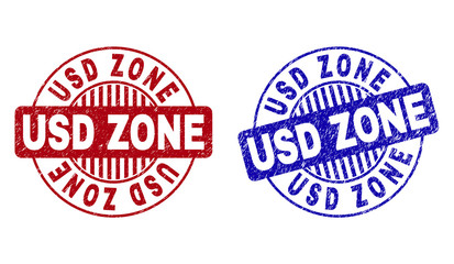 Grunge USD ZONE round stamp seals isolated on a white background. Round seals with distress texture in red and blue colors. Vector rubber imprint of USD ZONE caption inside circle form with stripes.