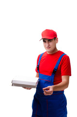 Pizza delivery worker isolated on white 