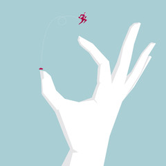 Businessman jumps on the hand. Isolated on blue background.