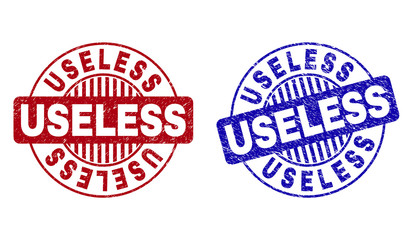 Grunge USELESS round stamp seals isolated on a white background. Round seals with grunge texture in red and blue colors. Vector rubber overlay of USELESS text inside circle form with stripes.