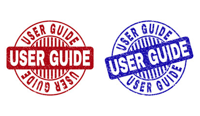 Grunge USER GUIDE round stamp seals isolated on a white background. Round seals with grunge texture in red and blue colors. Vector rubber imitation of USER GUIDE title inside circle form with stripes.