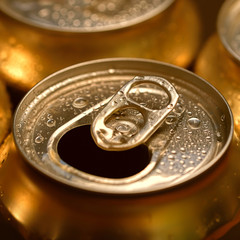 opened beer can. Canned beverage macro. Canned drink with condensation. beautiful texture surface for design. soft selective focus. close up