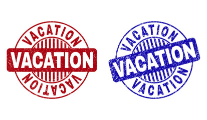 Grunge VACATION round stamp seals isolated on a white background. Round seals with grunge texture in red and blue colors. Vector rubber imitation of VACATION label inside circle form with stripes.