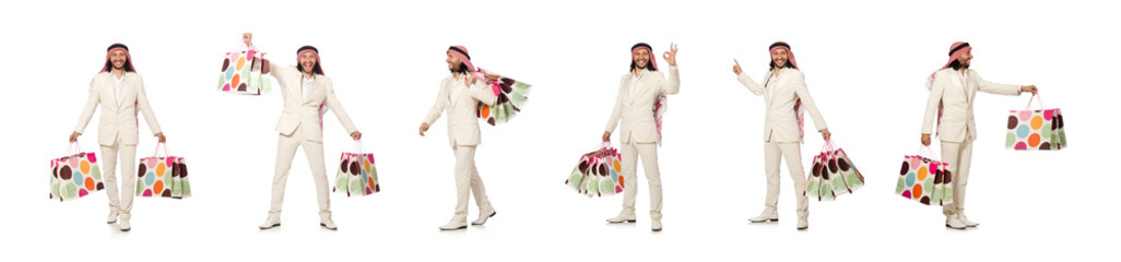 Arab man with shopping bags on white