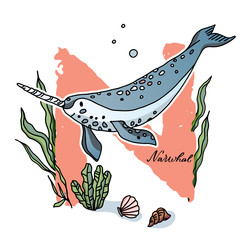 Alphabet letter N with cute narwhal © NATALIA LYSKINA