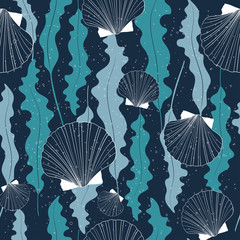 Sea vector seamless pattern with seashells and seaweeds on deep blue background.