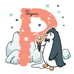 Alphabet letter P with cute penguin