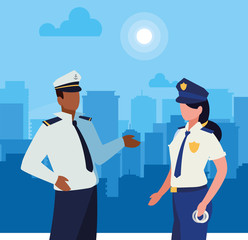 couple of professional workers in cityscape at sunrise