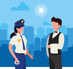 couple of professional workers in cityscape at sunrise